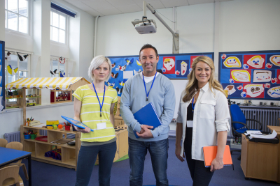 Three teachers standing in the classroom